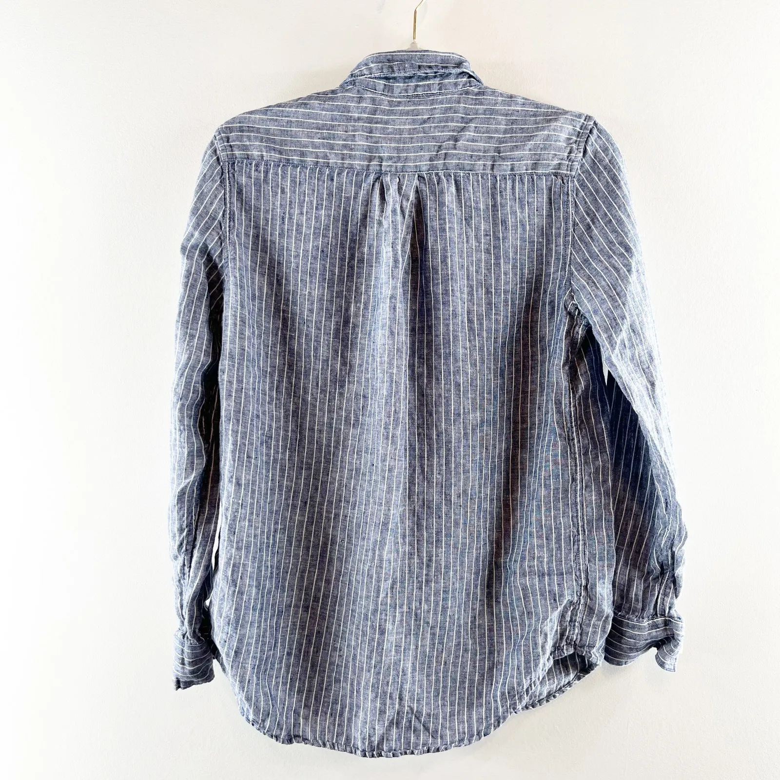 Quince 100% European Linen Long Sleeve Button Up Shirt Chambray Stripe Blue S - Image 4
