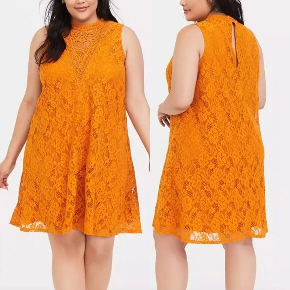TORRID 3 Plus Size Mini Lace Trapeze Dress Orange Golden High Neck Boho Party 3X - Image 2