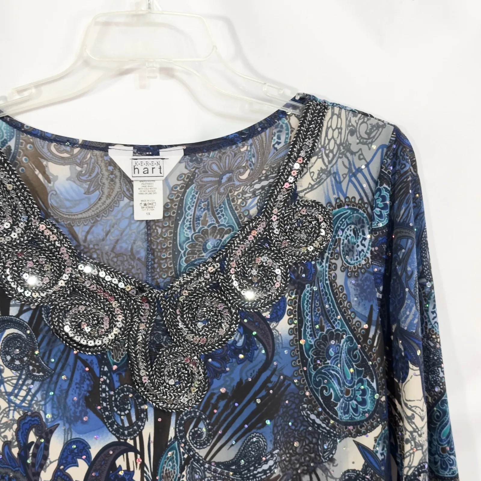 K.E.R.E.N Hart Plus Size 1X Top Paisley‎ Blouse 3/4 Sleeve Beaded Sequins 1604 Blue - Image 6