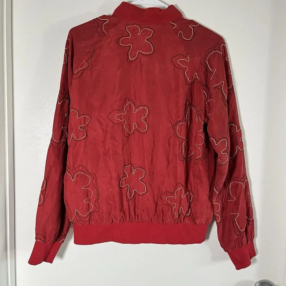Anne Carson Workshop Red Silk Floral Embroidered Bomber Jacket Women Sz M - Image 4