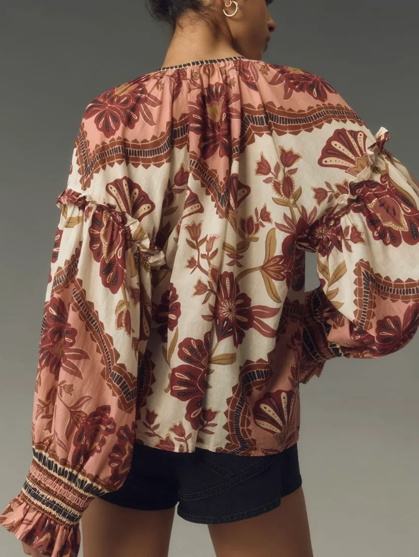 Riad V-Neck Tie Oversized Cotton Blouse, Size S - Image 2