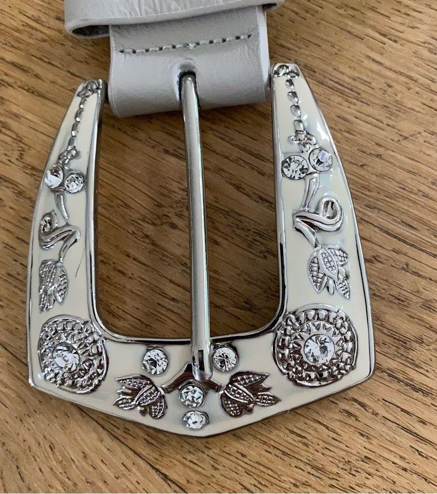 Love Strength Gray Leather Belt with Rhinestone Detailed Buckle - Image 2