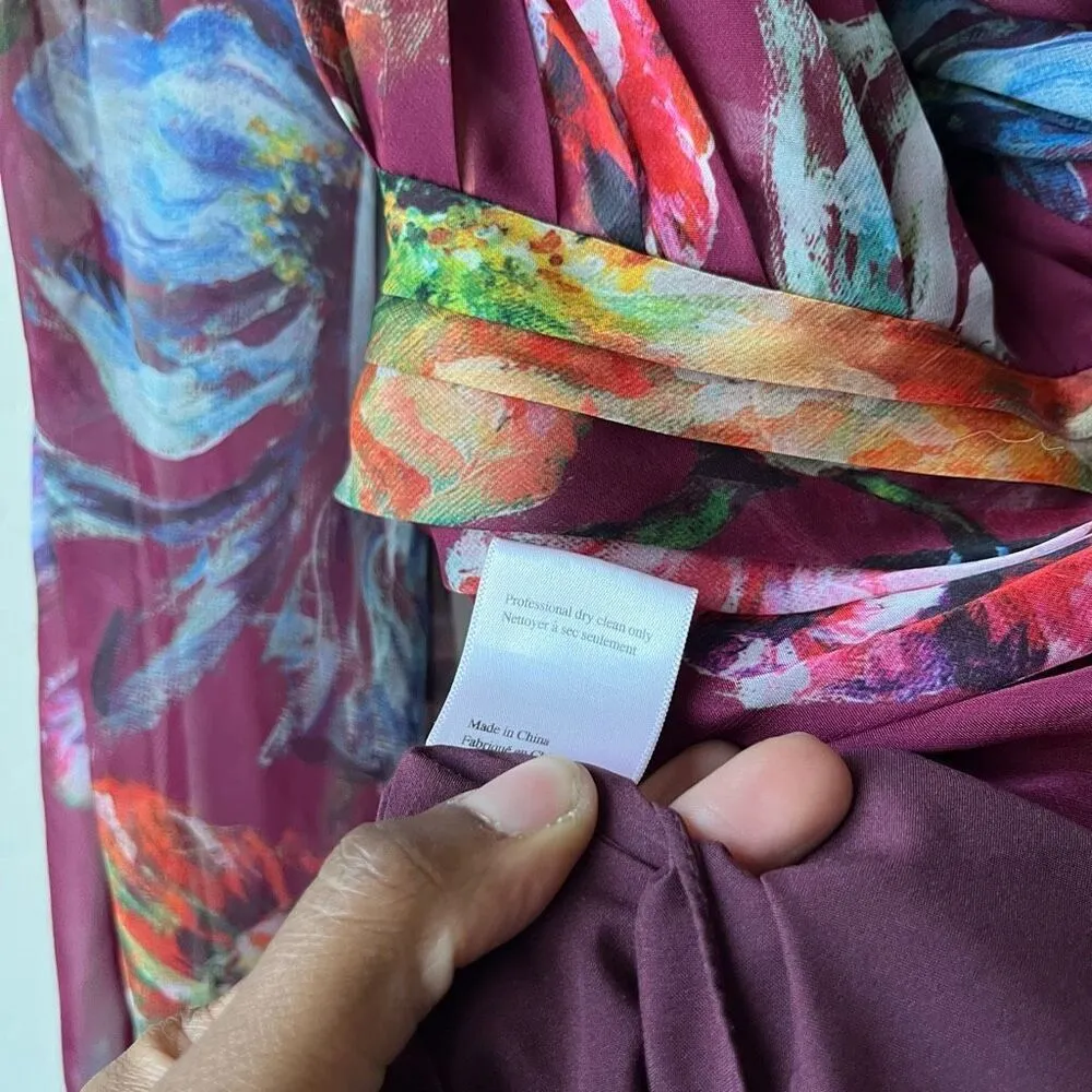 Marchesa Notte Burgundy‎ Floral Print One Shoulder Chiffon Midi Dress Size 2 Purple - Image 15