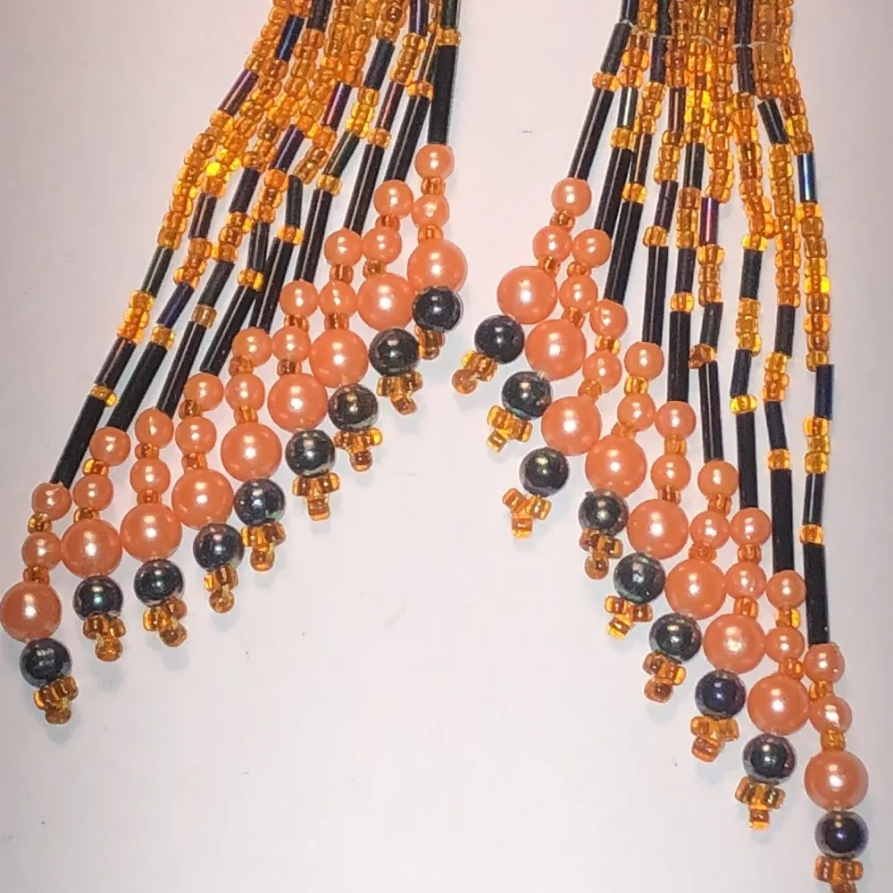 Orange Long Shoulder Duster Seed Bead Beaded Boho Retro Dangling Earrings - Image 2