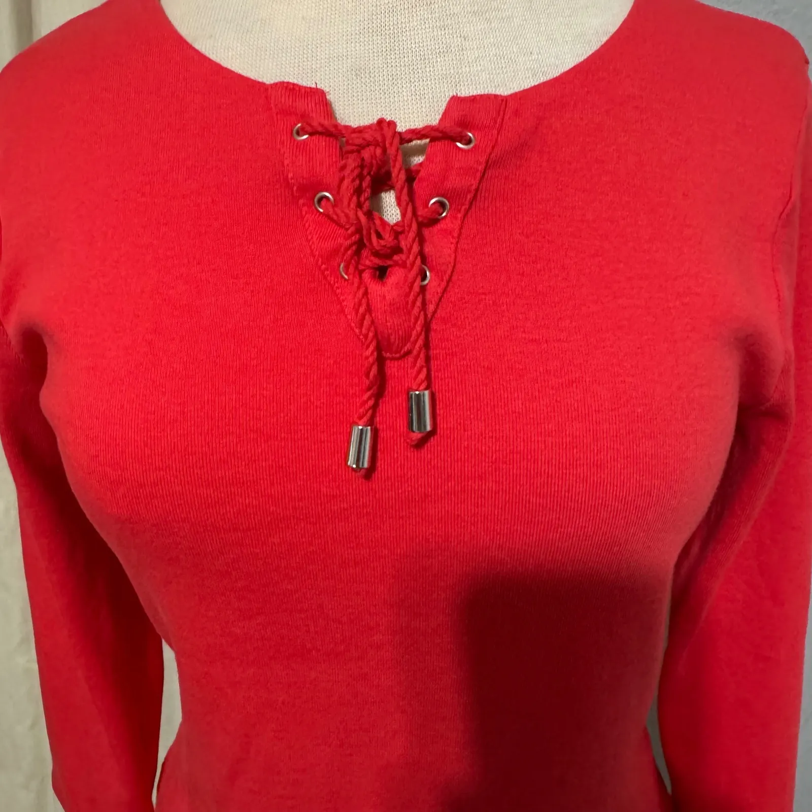 Rafaella Red Orange Women's 100% Cotton Lace Up Neck 3/4 Sleeve Top Size M - Image 2