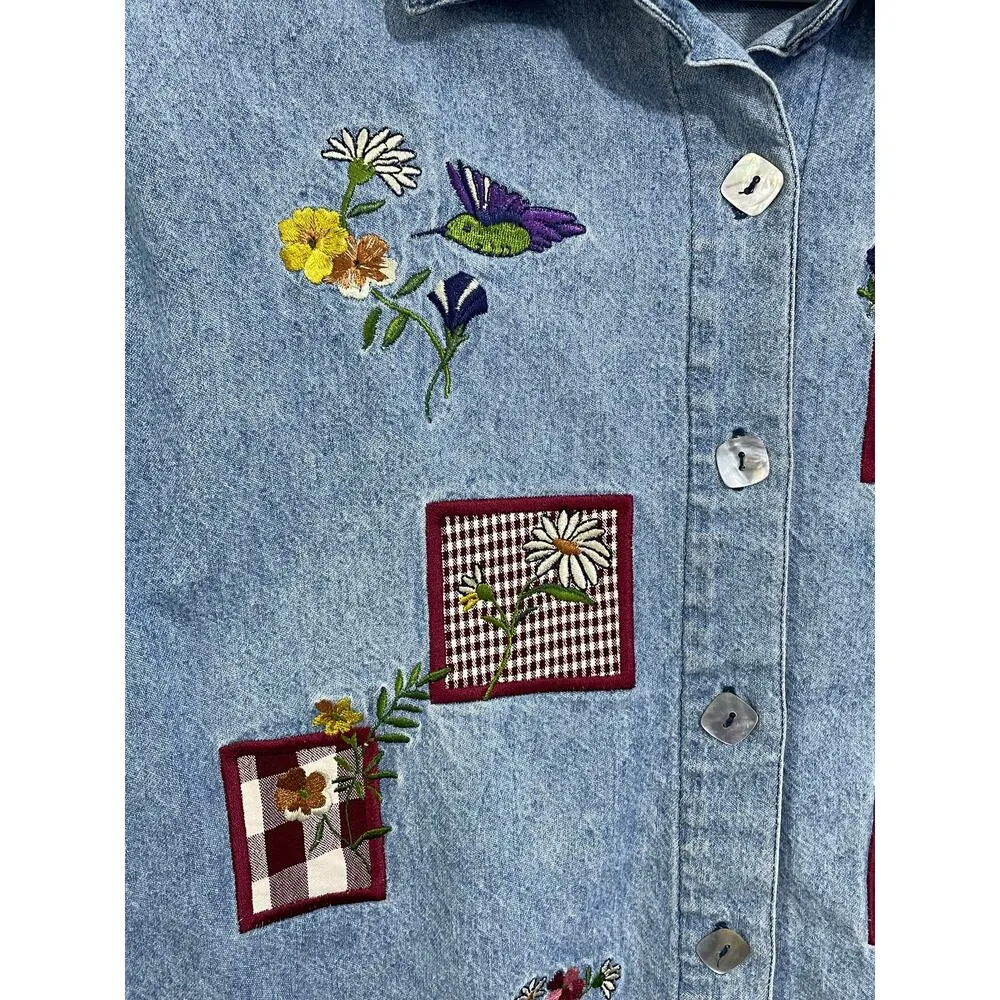 Vintage Teddi Denim Blouse Small Embroidered Hummingbirds Flowers Prairie Flaw Blue - Image 3