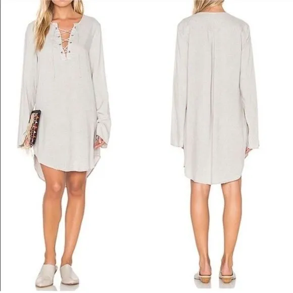 Bella Dahl Lace Up Drawstring Long Sleeve Tunic Tee Dress Charcoal Grey XS - Image 2