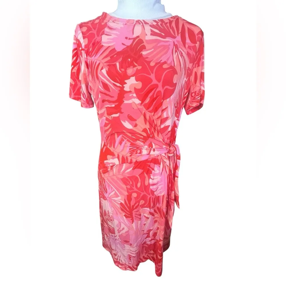 Chicos Tropical-Print Side-Tie Dress Size 1 8/10 Jersey Knit Midi Red Pink - Image 2