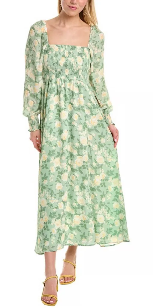 OPT O.P.T. Classic Smocked Maxi Dress floral slit sz XL Green - Image 1