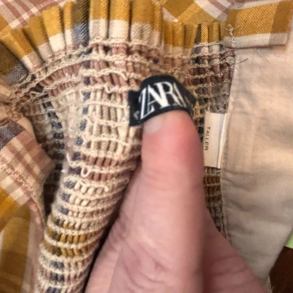 Zara Plaid Size Large Neutral Cropped Smocked Summer Vacation Retro Faux Buttons - Image 7