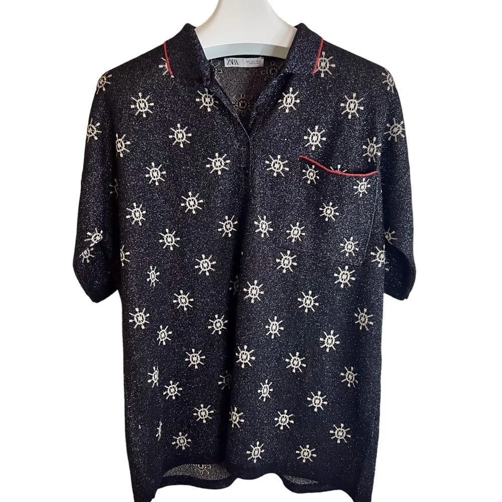 Zara Black Metallic Thread Printed Pocket Sweater Shirt Size Large - Image 2