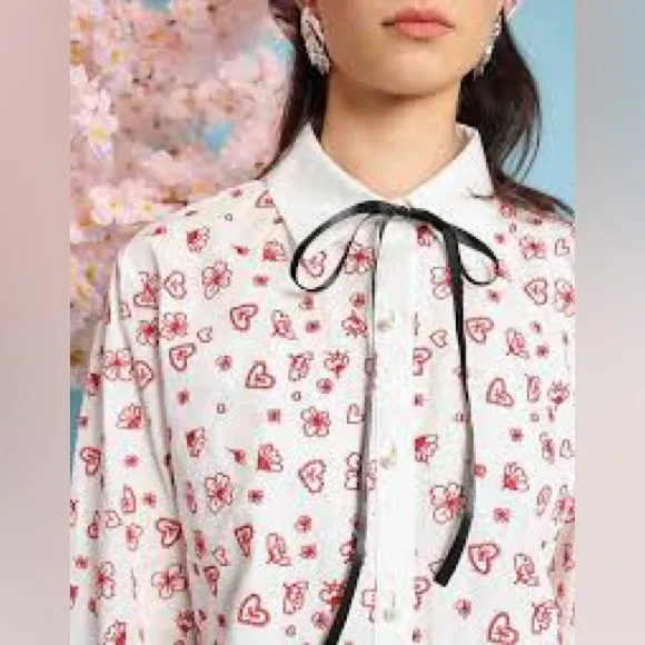 Sister Jane Doodle Bloom Floral Poplin Blouse Festive Holiday XS Red - Image 2