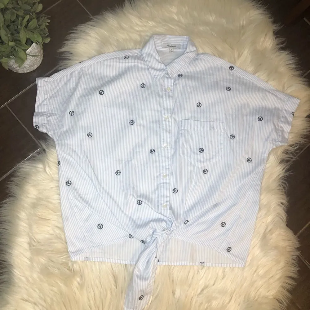 Madewell blue/white striped peace sign print tie front button up sz XS - Image 3