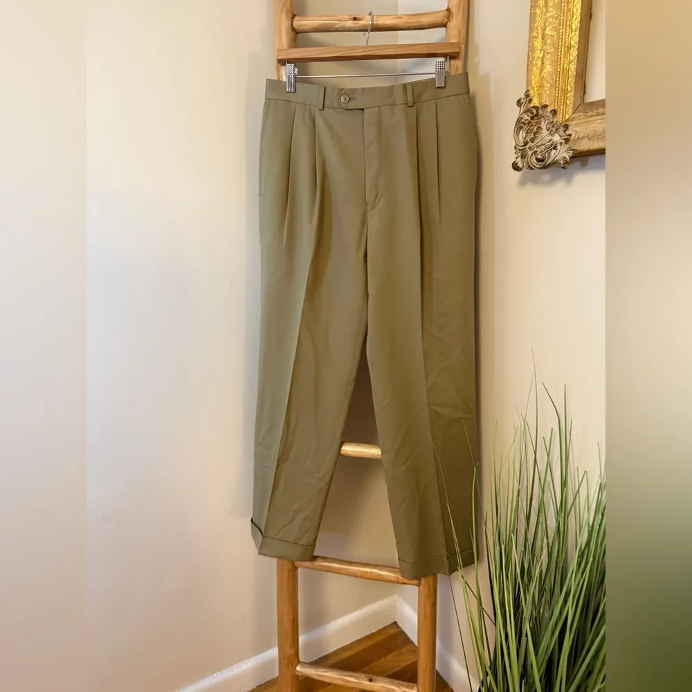 LAUREN RALPH LAUREN 120'S & CASHMERE PLEATED PANTS 31"x29" KAHKI TAN - Image 3