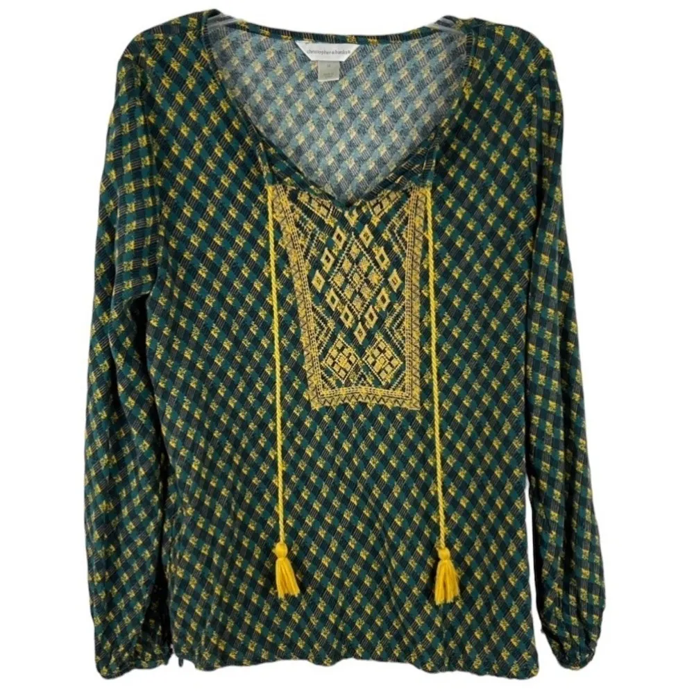CHRISTOPHER & BANKS Green and Gold Boho Top with Tassels Women’s Size Medium - Image 22