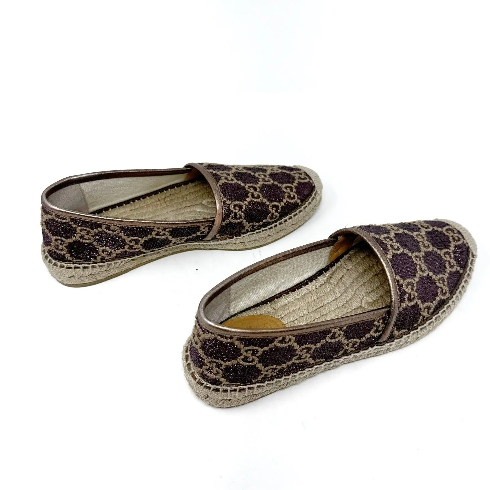 Gucci GG Logo Lurex Lamé Espadrilles Brown Beige Monogram Flats EU 37.5 US 7.5 - Image 7