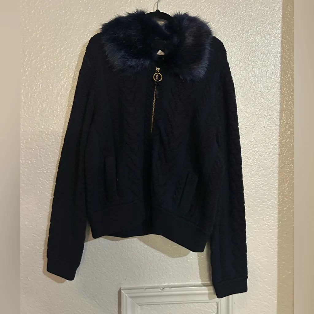 TORY BURCH Contraire Merino Wool Cable Knit Faux Fur Sweater Bomber Jacket XL - Image 2