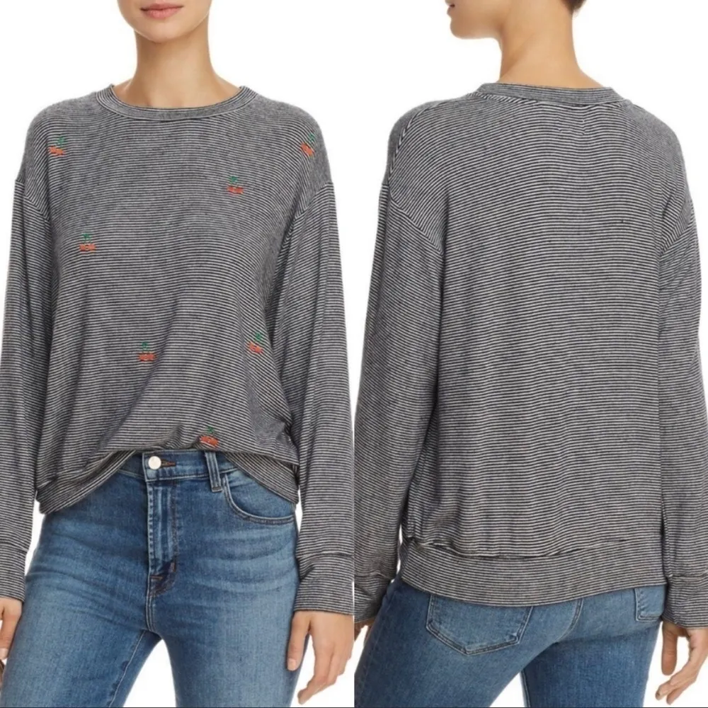 Sundry Soft Navy White Striped with Embroidered Cherries Long Sleeve Top Size 1 - Image 2