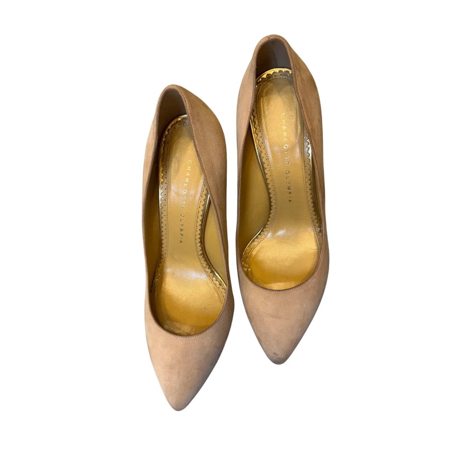 Charlotte Olympia Suede Platform Pumps Heel Shoes Beige Gold Italy 39.5 - Image 2