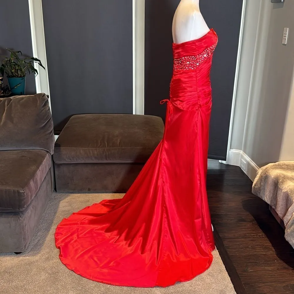 Women’s Red Mermaid Fit Corset Back Prom Party Dress Silver Beading Size 8 *READ - Image 4