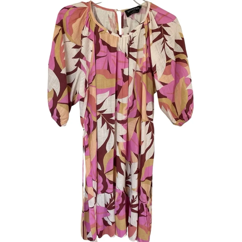 MINKPINK Kali Mini Dress Linen Blend Floral Lightweight Tie Waist - Image 4