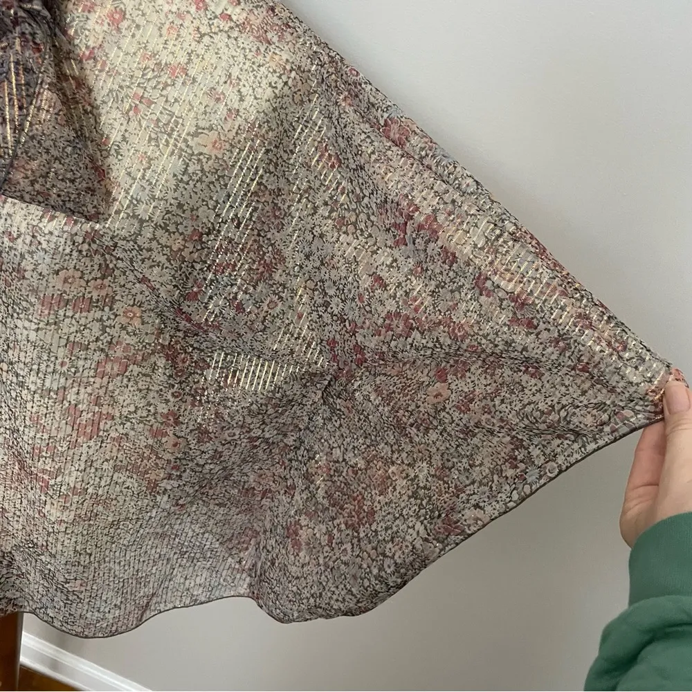 Vintage Mademoiselle Top Blouse Floral Striped Sheer Tie Neck Pink Black Gold Size M - Image 5