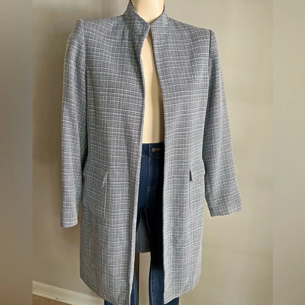 Vintage Dressbarn Longline Coat Sz 8 Minimalist Blue Tweed Open Front Jacket - Image 3