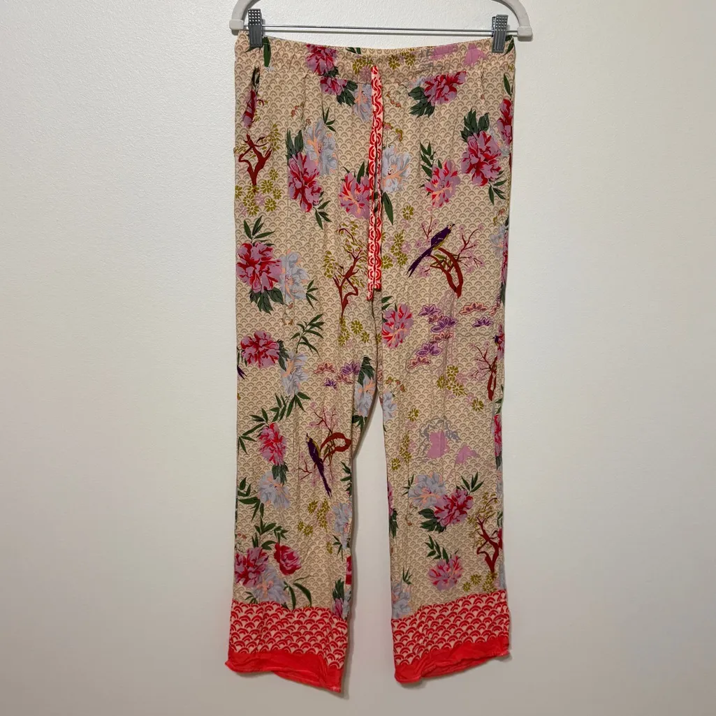 World Market Floral Boho Pants Size Large Elastic Waist Birds Nature Pink - Image 2