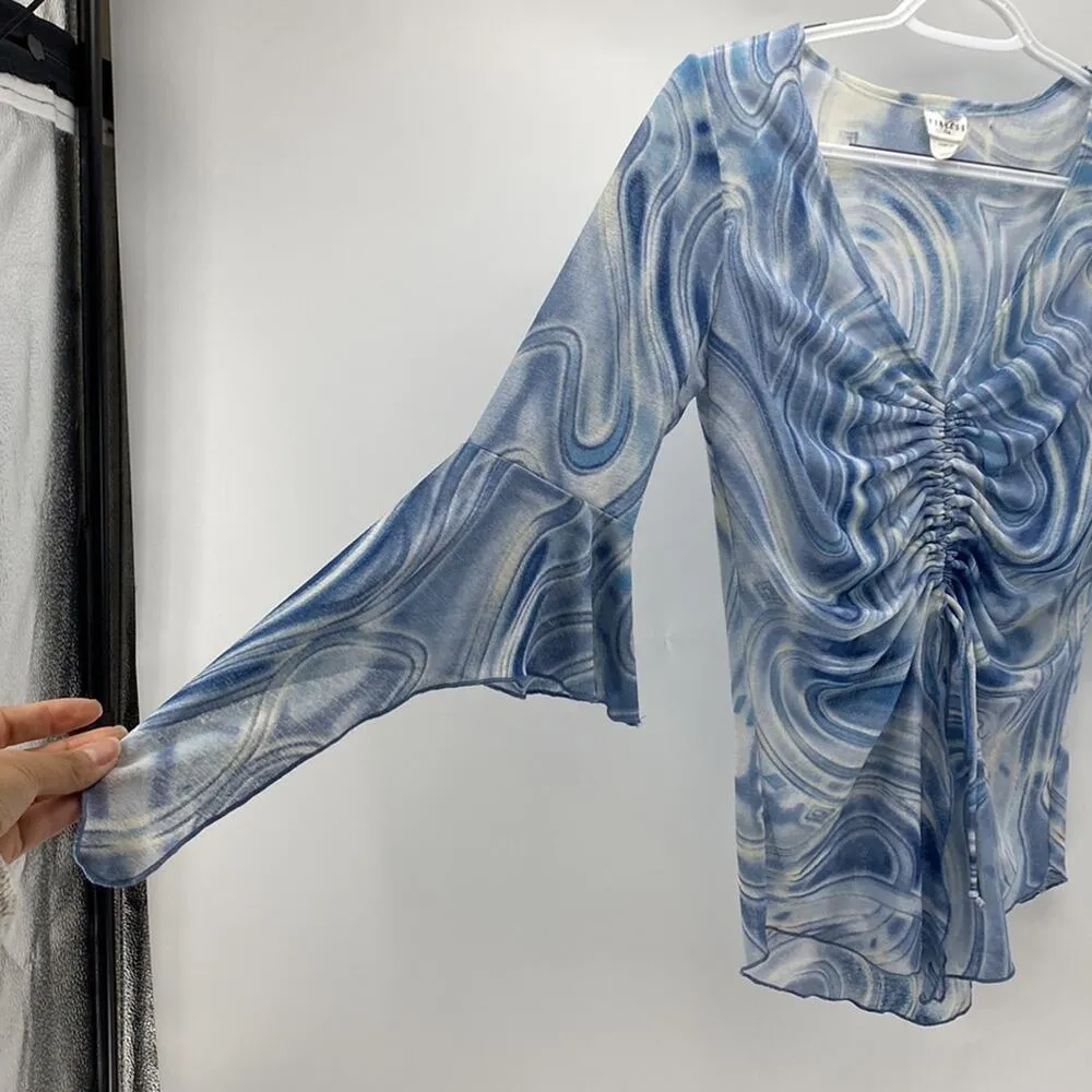 Retro Y2K marbled semi sheer adjustable top flowy sleeves form fitting sz S Blue - Image 3