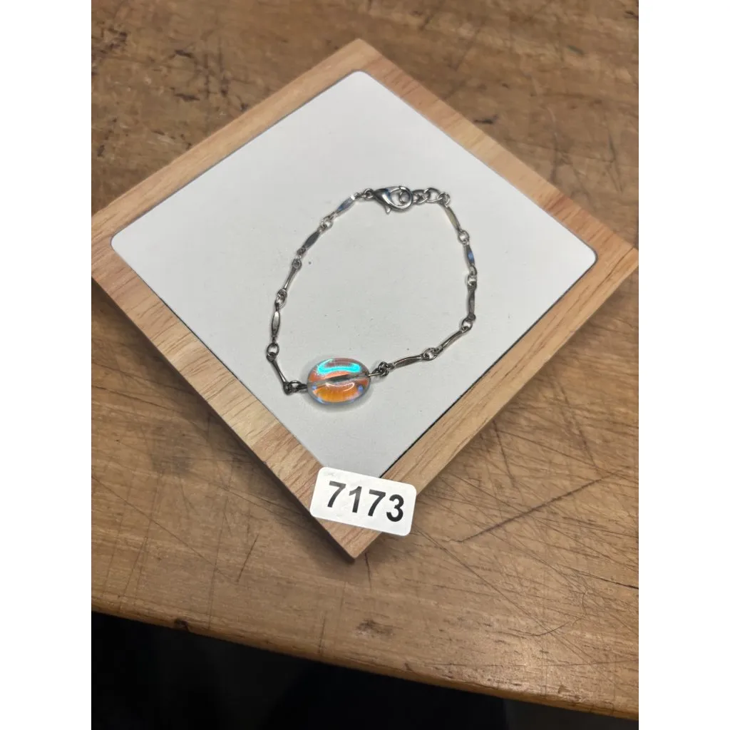 Iridescent Beaded Sterling Silver Bracelet With Oval Glass Accent & Lobster Clas - Image 2