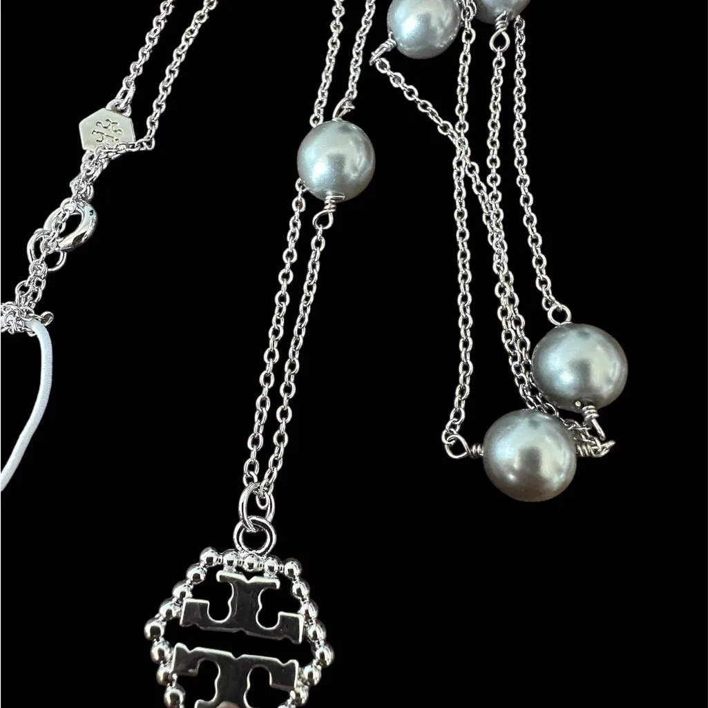 New Auth. Tory Burch Silver Hexagon Logo Long Necklace Chain with Silver Pearls - Image 5
