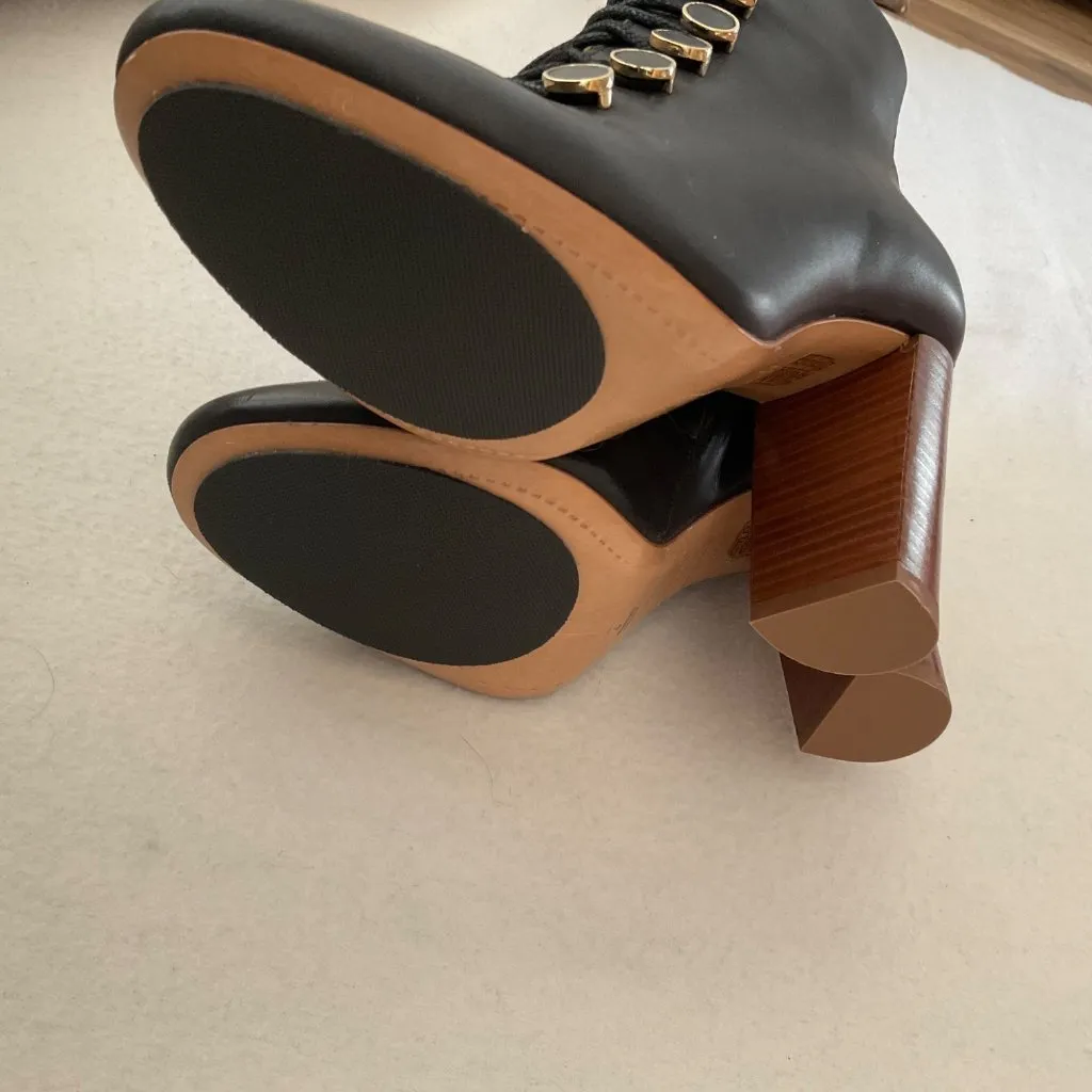 NWB Sezane High Pauline Lace-up Ankle Boots navy blue golden buttons 35 us4 - Image 7