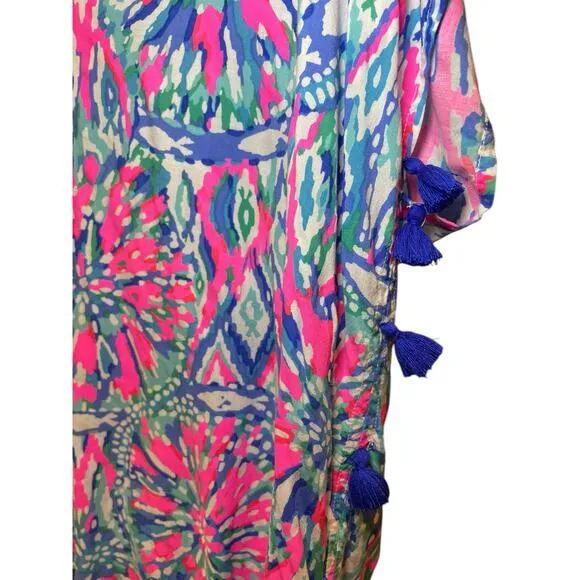 Lilly Pulitzer Women‎ XS Top Tunic Short Sleeve Sydney Caftan Pink Blue Tassels - Image 8