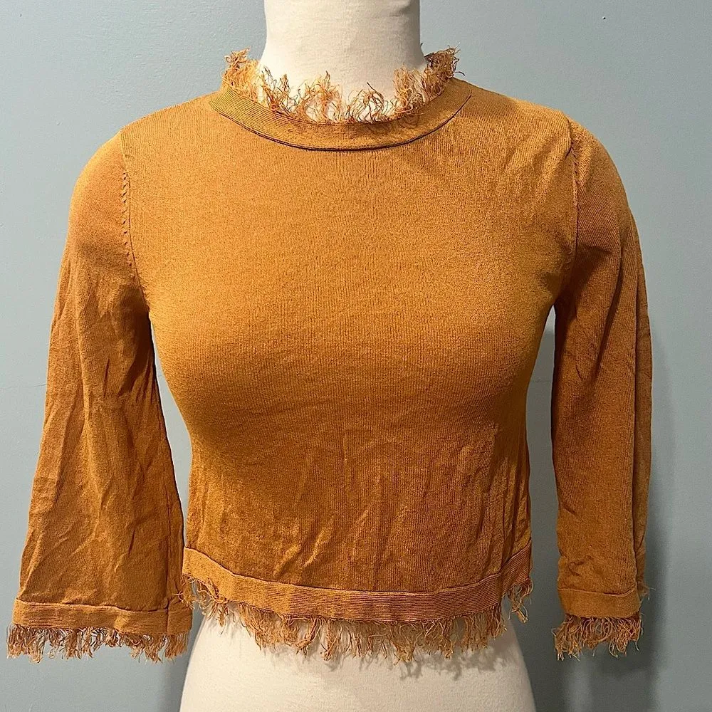 Honey Punch Mustard Yellow Split Back Fringe Trimmed 3/4 Sleeve Blouse Size XS - Image 2
