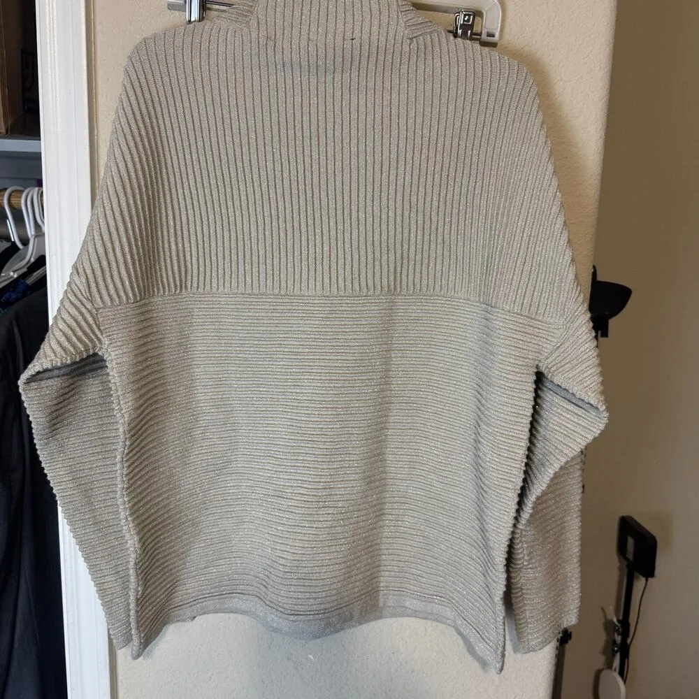 NWT T by Tahari Beige Long Sleeve Sweater Metallic Gold ribbed sz L mock neck - Image 4