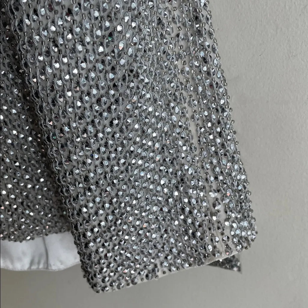 PARKER Justina Silk Silver Rhinestone Beaded Halter Tank Top - Image 7