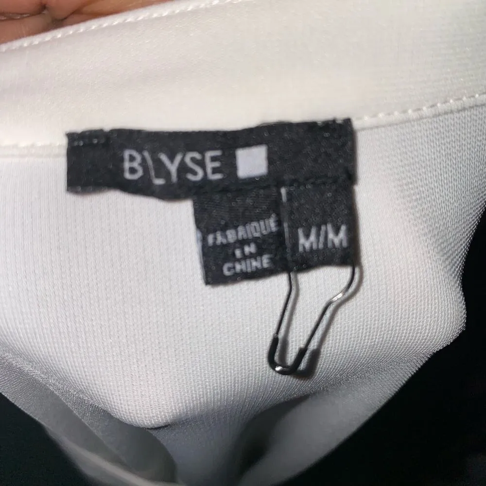 Blyse White Asymmetric Layered Hem Roll Tab Long Sleeve Split Neck Blouse Medium - Image 6