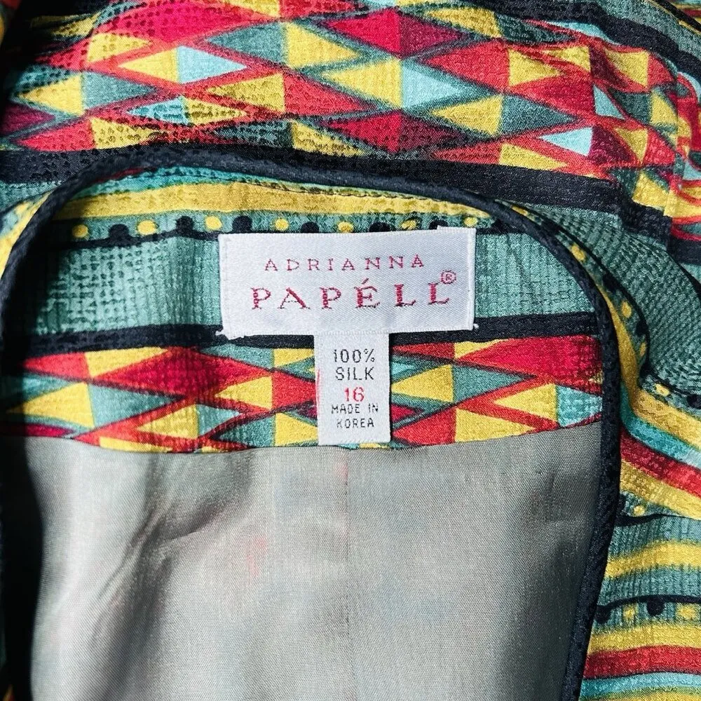 Adrianna Papell 100% Silk Jacket Sz 16 Geometric Multicolor Lined Vintage - Image 11