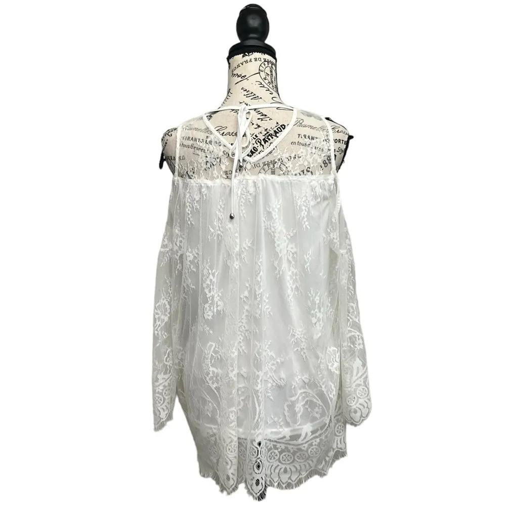 RAIN Ivory Lace Crochet Tunic Blouse Women’s L | Sheer Angelcore Boho Prairie White Size L - Image 5