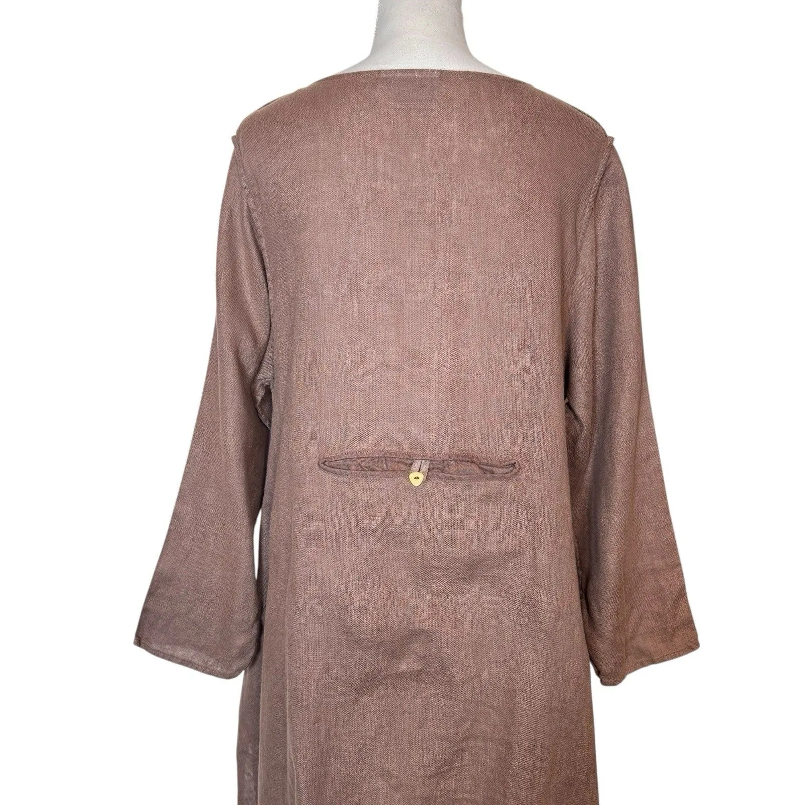 Cheyenne Linen Maxi Dress Size S/M Art to Wear Lagenlook Boho Banded Hem Pockets Brown Size M - Image 6