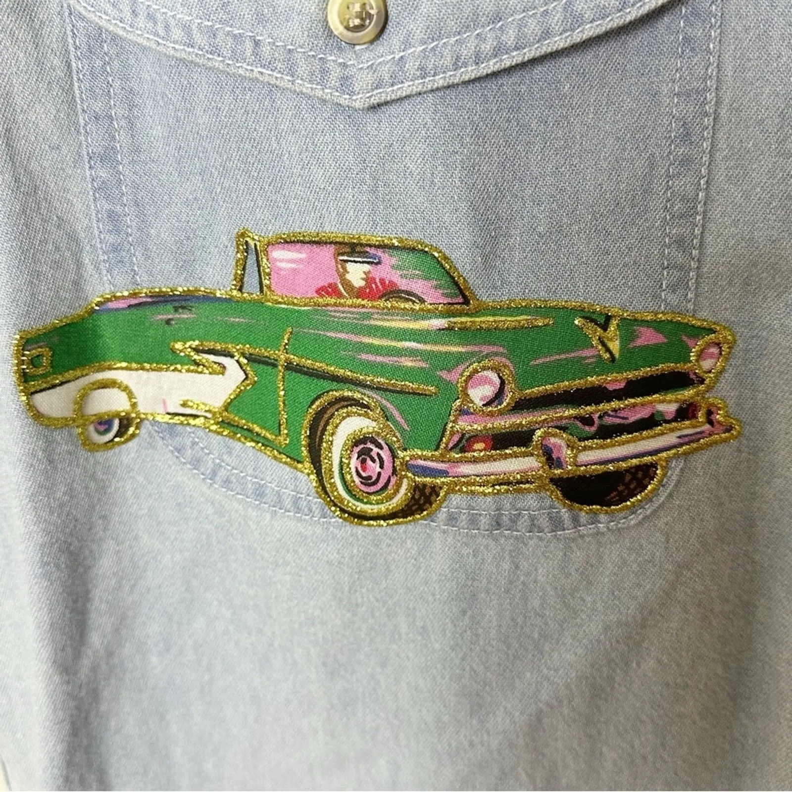 Vintage 90s Rockabilly Denim Vest Sleeveless Shirt L 50s Dancing Cars Music Blue Size L - Image 10