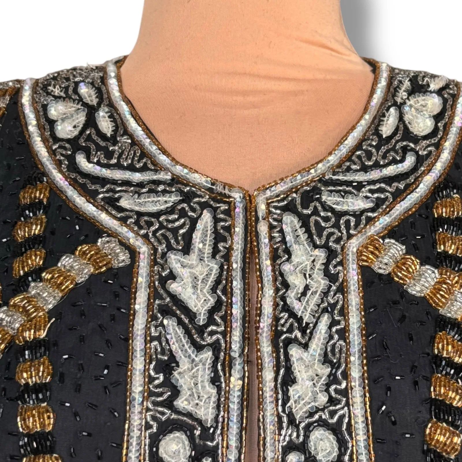 Vintage 80s Silk Beaded Metallic Sequin Jacket Black Gold Tassel Embellished XL - Image 2