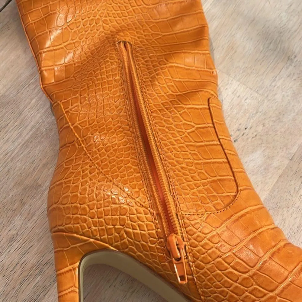Nine West Richie tall orange pointed toe stiletto heeled boots size 6.5 croc - Image 7