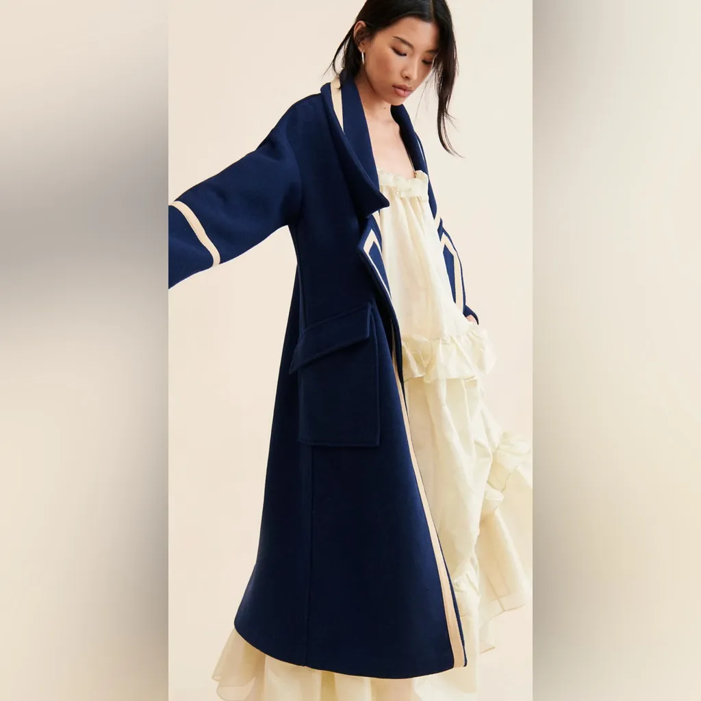 Nocturne Military Trimmed Overcoat Free People Ivory Trim & Navy Blue sz Medium - Image 4