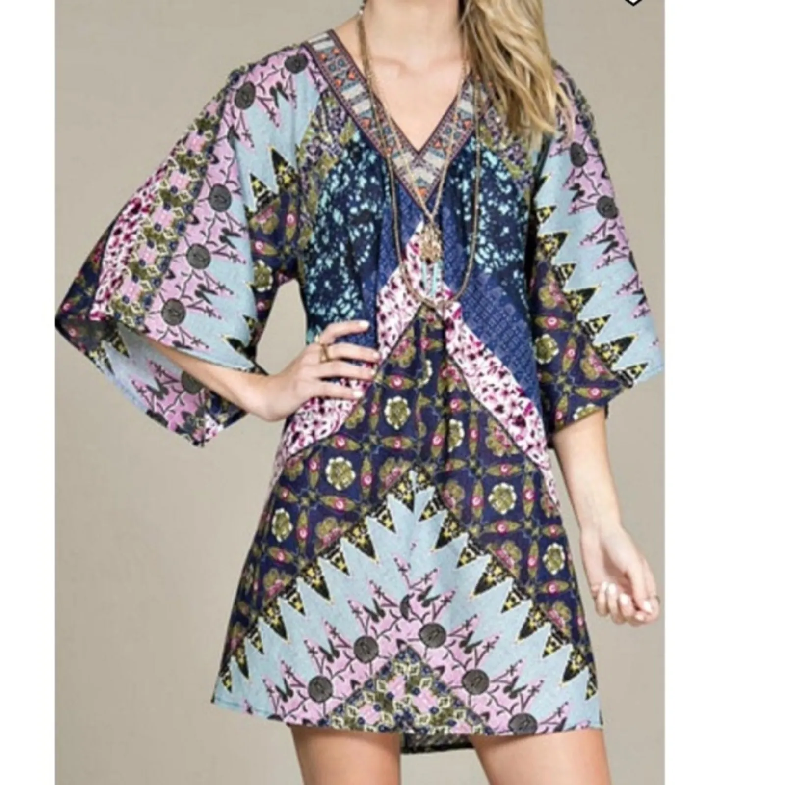 Flying Tomato Abstract Multicolor Print Bell Sleeve V Neck Dress Size‎ S - Image 8