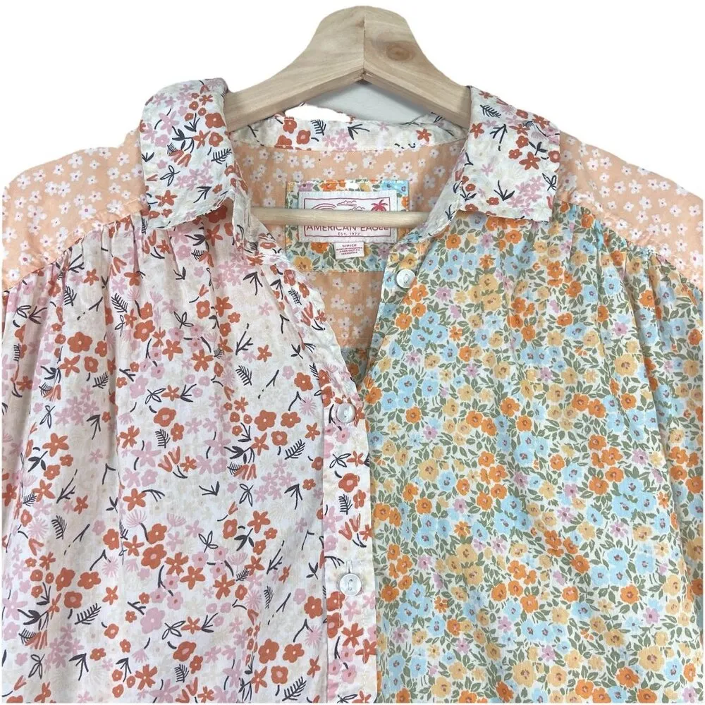 American Eagle Top Women S Floral Patchwork Button Up‎ Shirt Oversized Y2K Boho - Image 2