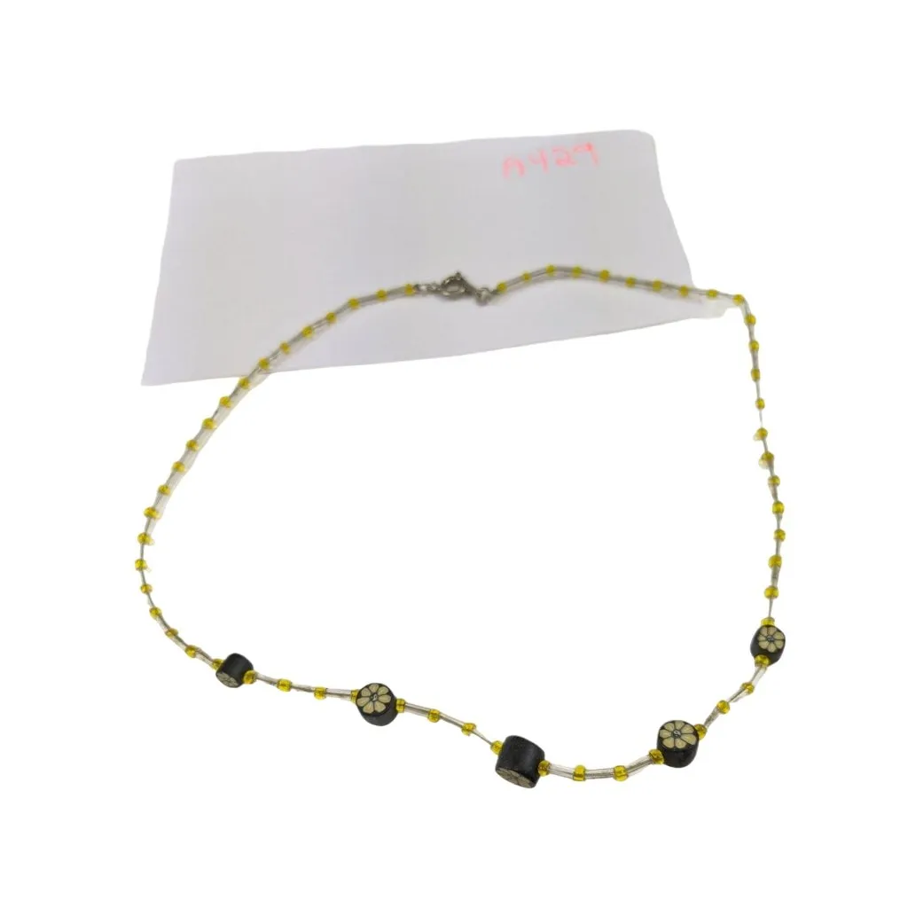 Handcrafted Yellow & Black Beaded Necklace With Floral Accents And Silver - Image 2