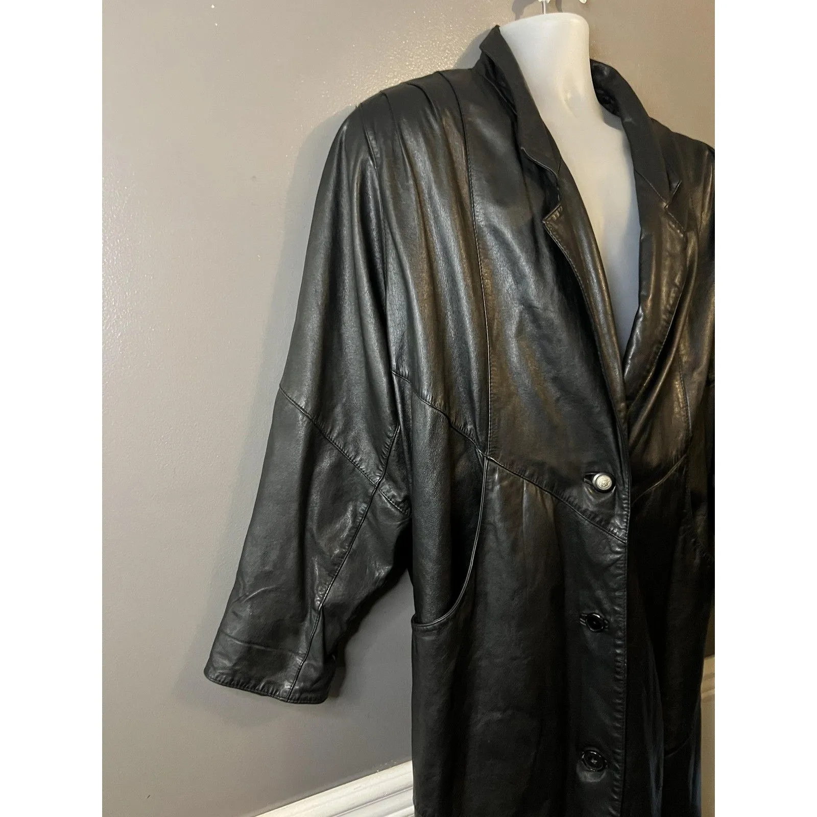 Vintage AVANTI Leather Coat Womens Medium Black Long Duster 3/4 Sleeve Lined 80s - Image 4