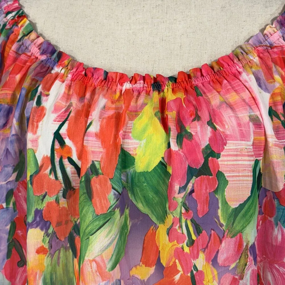 Lane Bryant SZ 18/20 Top Floral Semi-Sheer Boat Neck 3/4 Balloon Sleeves Smocked - Image 2