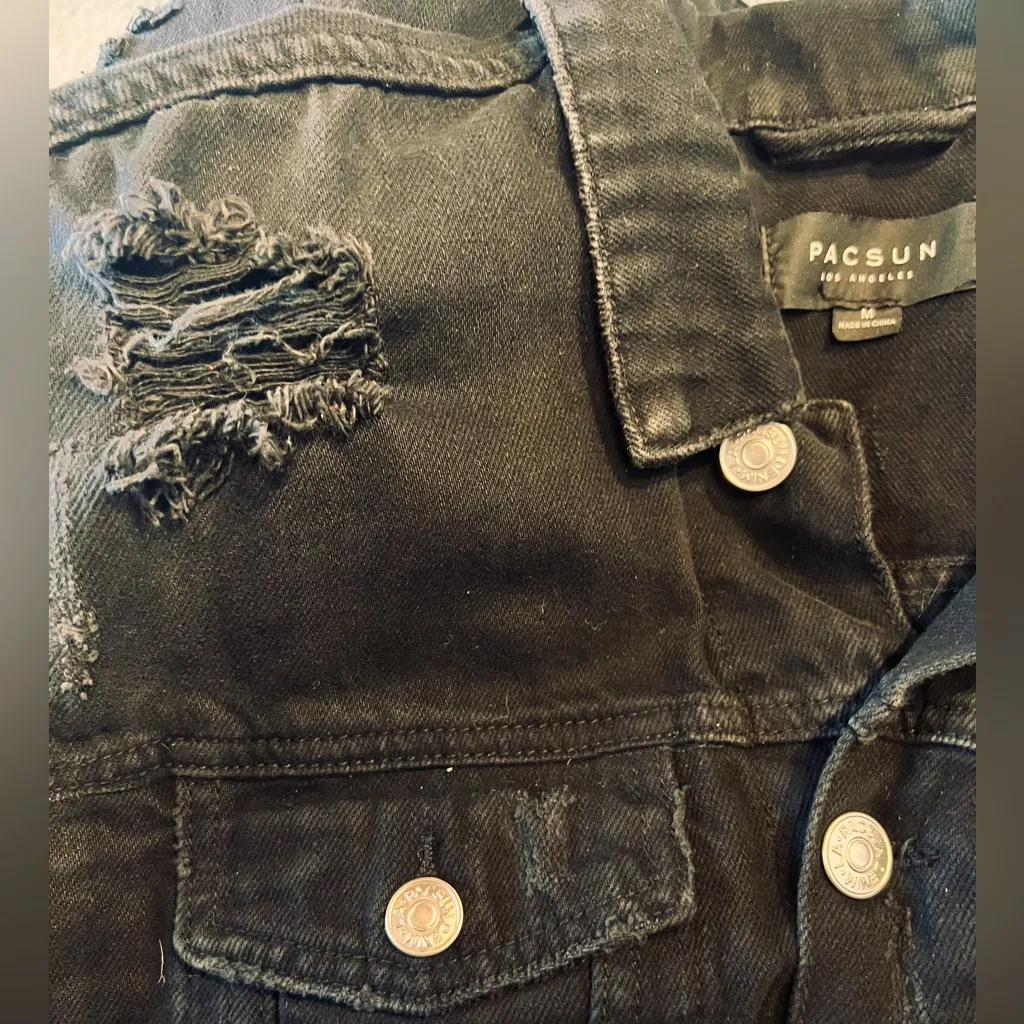 PACSUN Oversized Black Jean Jacket Denim Unworn Moto Jacket M Distressed Western - Image 5